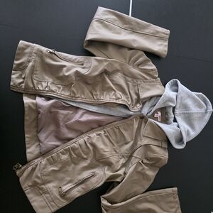 Tan Faux Leather Jacket with Gray Hoodie